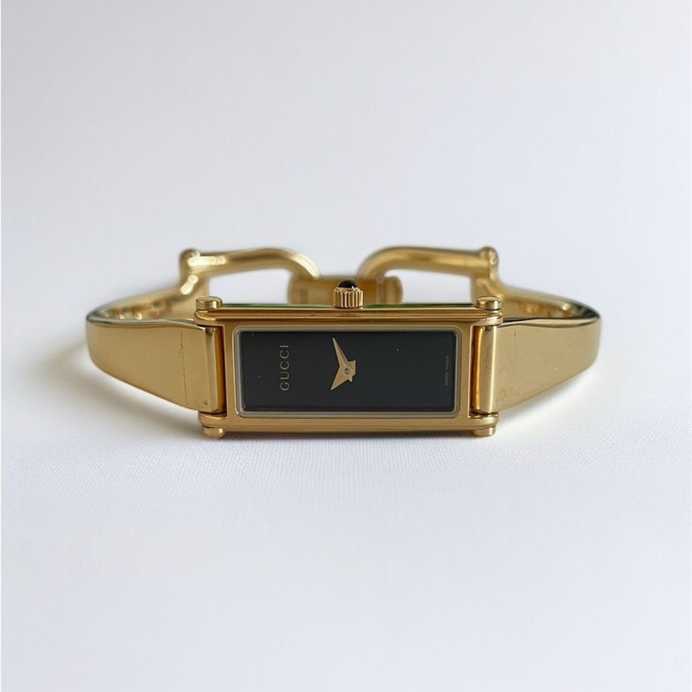 Vintage Gucci Bangle Watch 1500L - Gold Plated, Rectangle Black Dial